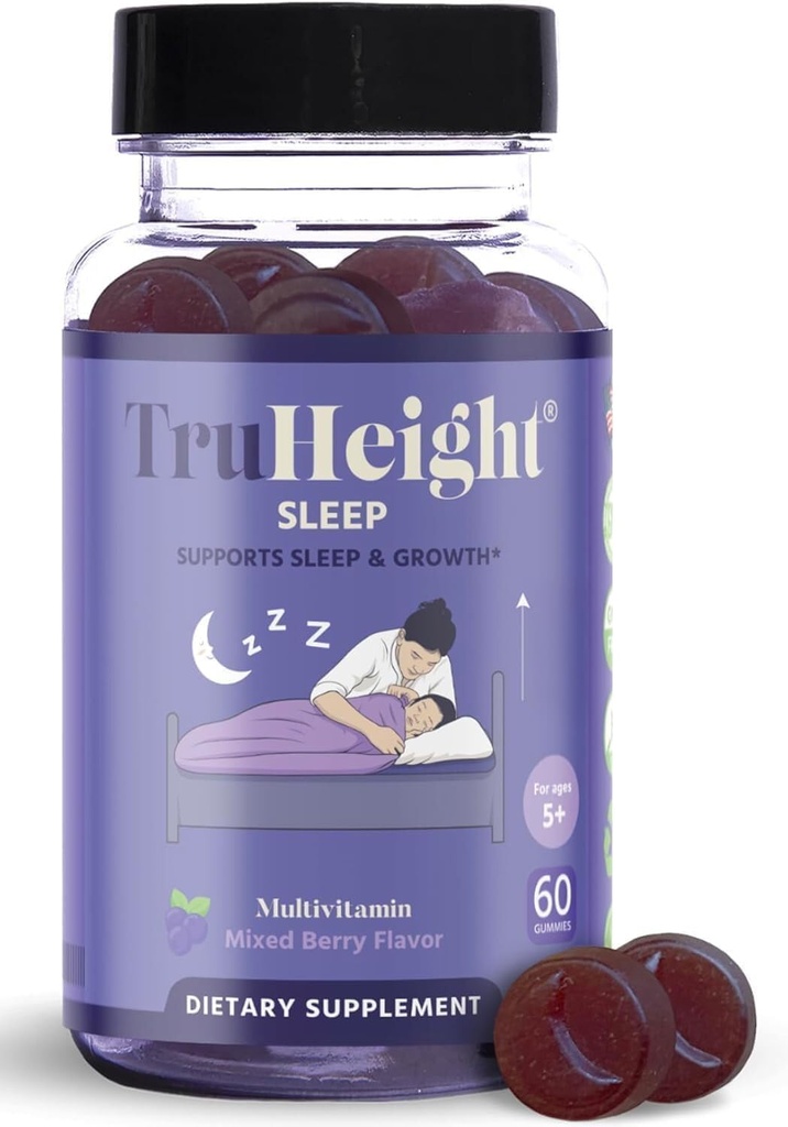 TruHeight Sleep Gummies - Kids &amp; Teen Natural Sleep Aid for Maximum Growth - Pediatric Recommended - Kids Melatonin Gummy - Melatonin, Ashwagandha, L Theanine, Lemon Balm, Ages 4+, Mixed Berry Flavor