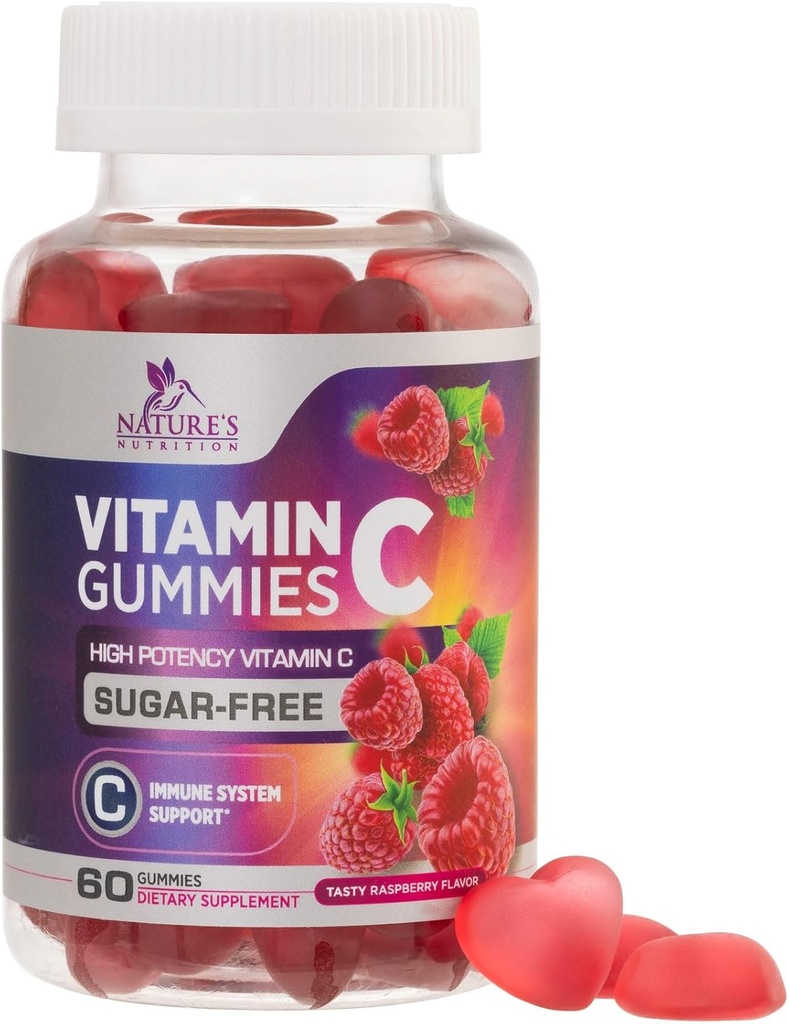 Sugar Free Vitamin C Gummies - Immune Support & Antioxidant VitaminC Dietary Supplement - Vegan, Non-GMO, Dairy & Gluten Free C Vitamin Gummy - Raspberry Flavor for Kids & Adults - 60 Count Gummies