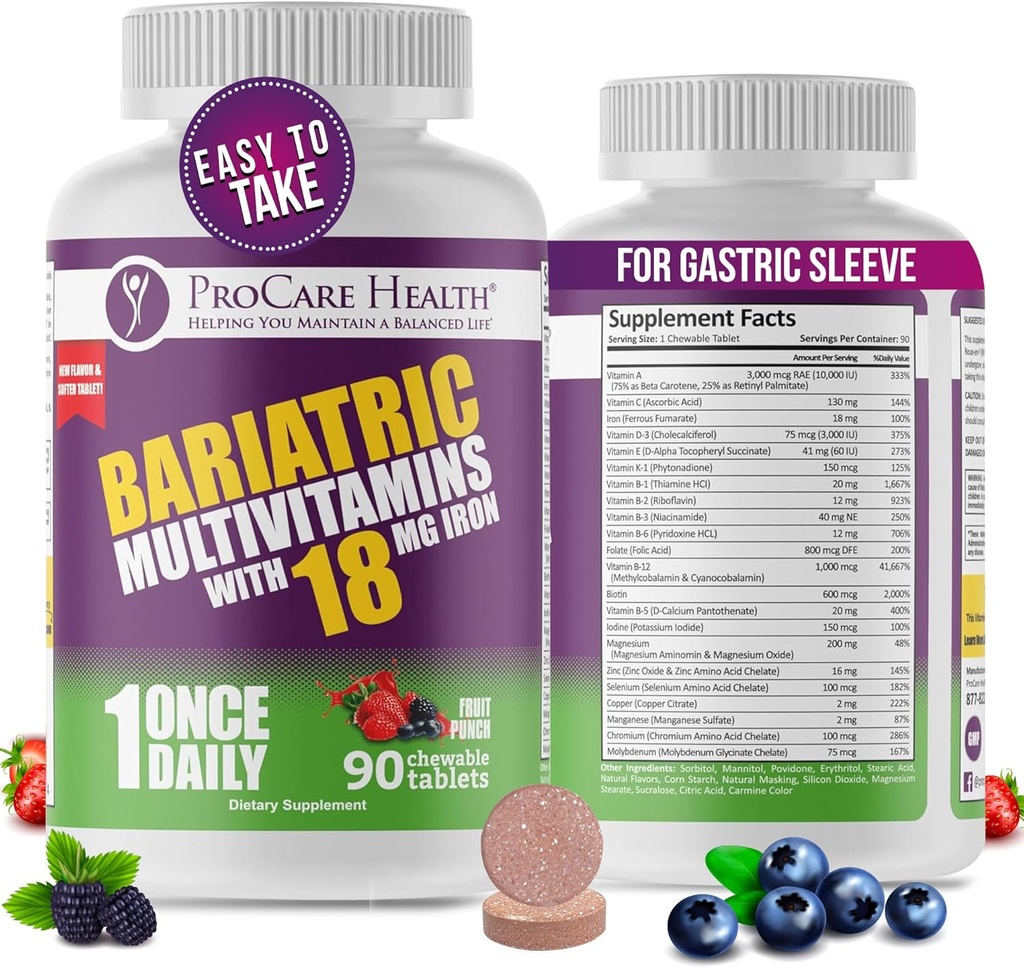 ProCare Health Bariatric Chewable Multivitamin with Iron 18mg (90 Tablets) - Fruit Punch Flavor - for Gastric Bypass & Sleeve Gastrectomy Patients* (3 Month Supply)