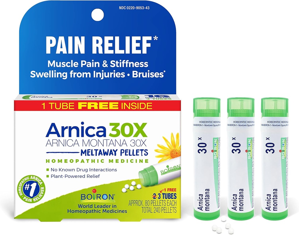 Boiron Arnica Montana 30X Medicina Homeopática para el Alivio del Dolor Musculo, Esfuerzo Musculo, Hincha de Lesiones y Descoloración de Bruises - 3 Conde (240 Pellets)