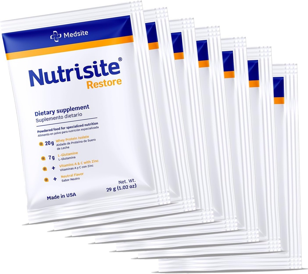 Nutrisite Restore Powder for Wound Healing Support, Incluye Whey Isolate Protein, L-Glutamine, Vitaminas A, C y Zinc – Gluten y Sacarose Gratis, Desflavored (7 Serving) 1.02 Oz