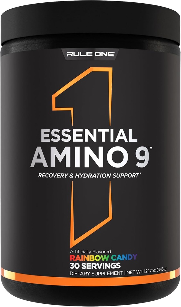Regla 1 Amino esencial 9 – Soporte de recuperación y hidratación con 7.5g de ácidos esenciales + electrolitos (30 servidumbres, dulce arco iris)
