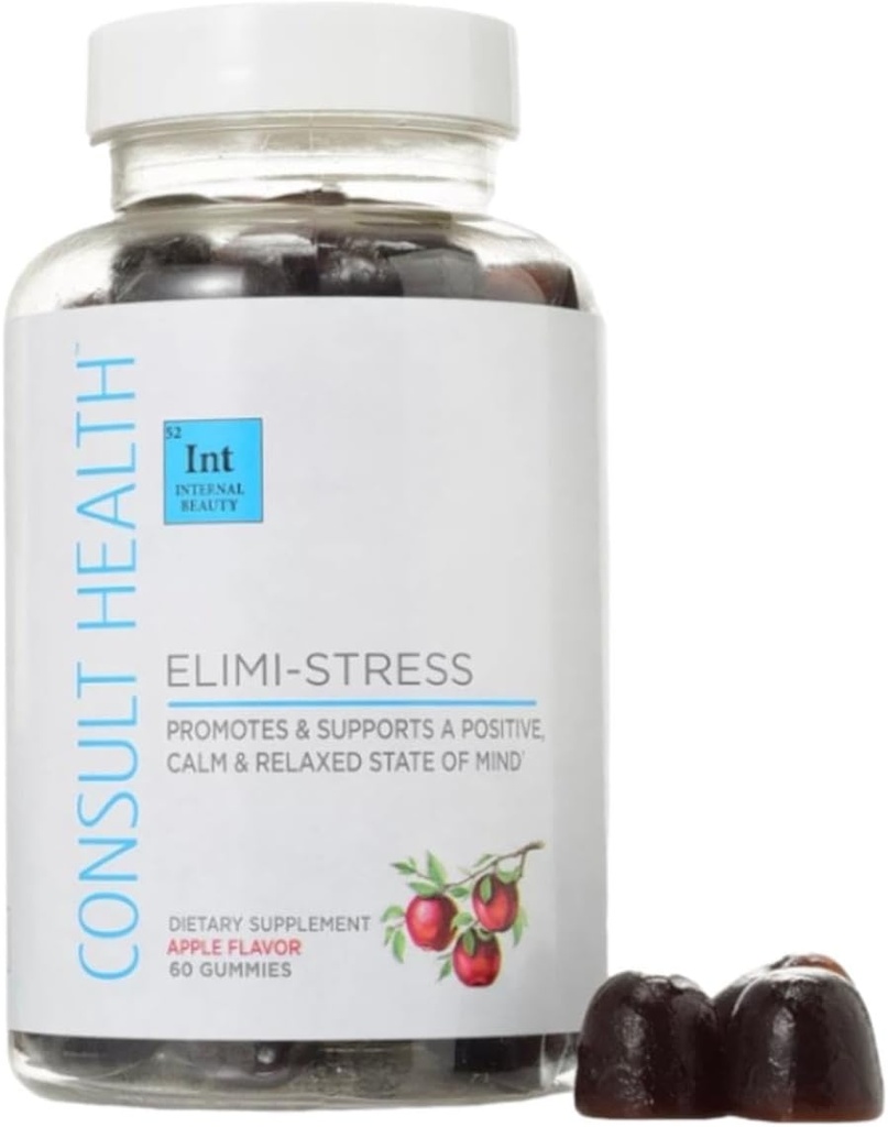 Consult Health - ELIMI-Stress Vegan Gummies - Stress Relief Supplement - Decrease Fatigue - Natural Apple Flavor - Ashwagandha Root &amp; Leaf Extract -Tumeric Extract - Caffeine Free - 60 Count