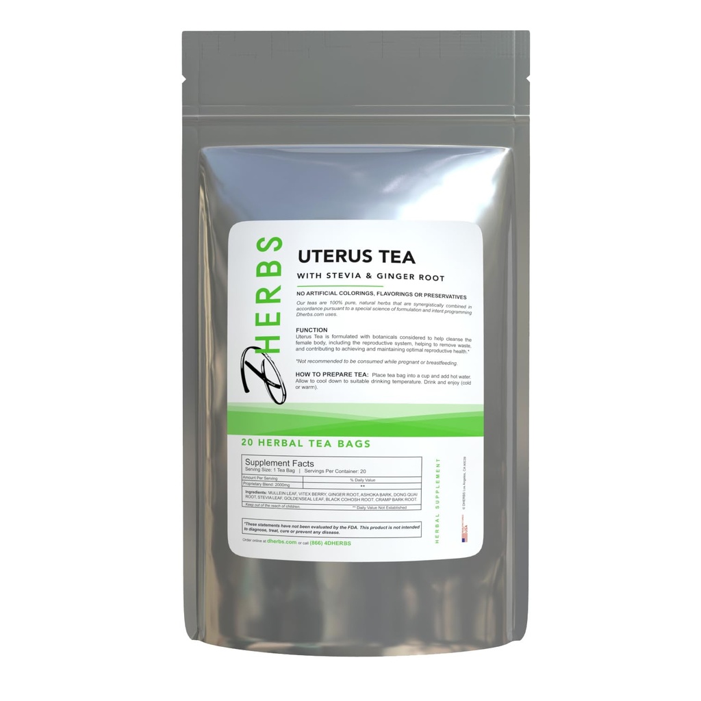 Herbal Uterus Tea, Ginger Root, Mullein Leaf, Stevia y Vitex Berry (20 Bolsas)