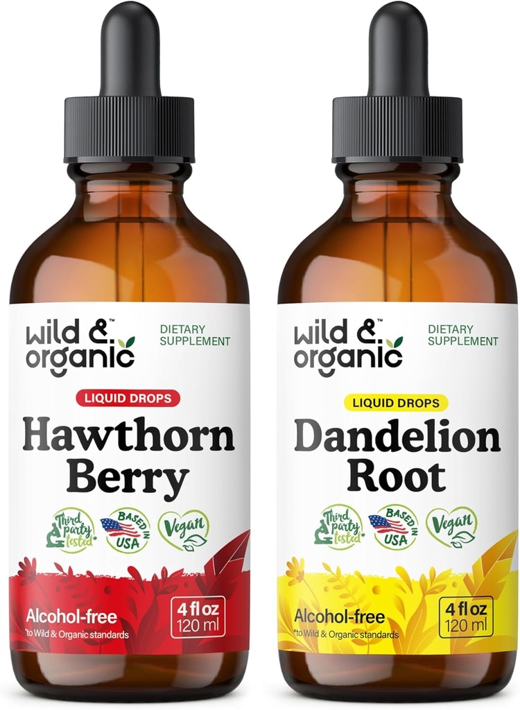 Wild &amp; Organic Hawthorn Berry Tincture 4 fl oz &amp; Dandelion Root Tincture 4 fl oz