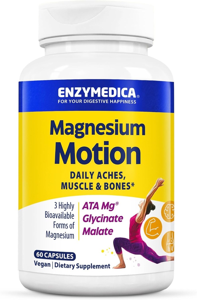Enzymedica, Moción de Magnesio con 3 Formas de Magnesio, ATA Mg, Glycinate, Malate, Soothes Occasional Aches, Supports Bones & Muscles, 60 Cuenta