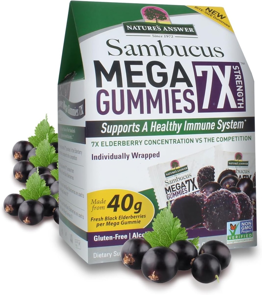 Respuesta de la naturaleza Sambucus Mega Gummies TEN 7X Más Concentración de Elderberry TENIDO Sin alcohol, Sin gluten, Sin gelatina, Vegan, No GMO &amp; No Preservatives TEN 30ct Gummies (Pack of 2)