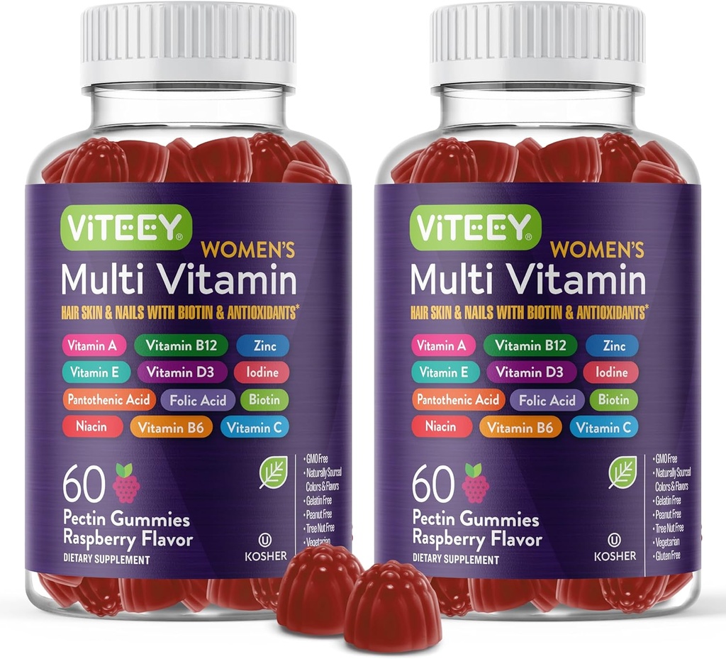 Viteey Womens Multivitamin Gummies - Immune Support - 12 in 1 Essential Vitamins & Minerals - Vitamin A, C, D3, E, B6, B12, Folic Acid, Biotin, Calcium, Zinc & More - Vegetarian - Raspberry Flavored