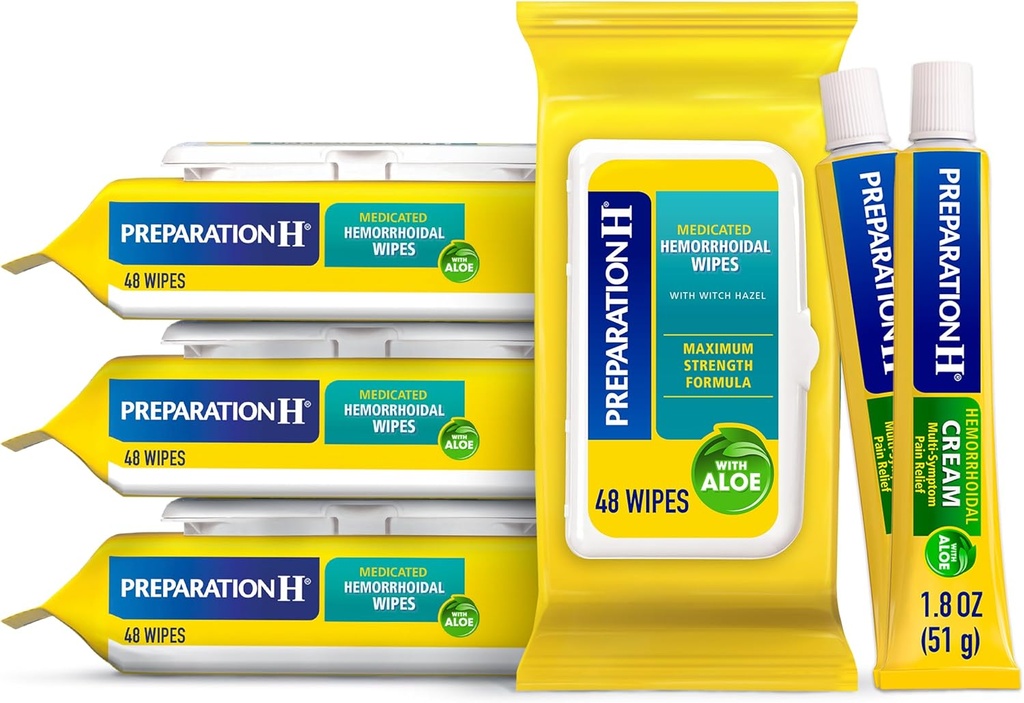 Preparación H Hemorrhoid Wipes con Witch Hazel, 192 Ct Plus Preparación H Hemorrhoid Symptom Treatment Cream, 2 Tubes x 1.8 oz, Wipe Plus Treat for Better Relief, Hemorrhoid Care Bundle