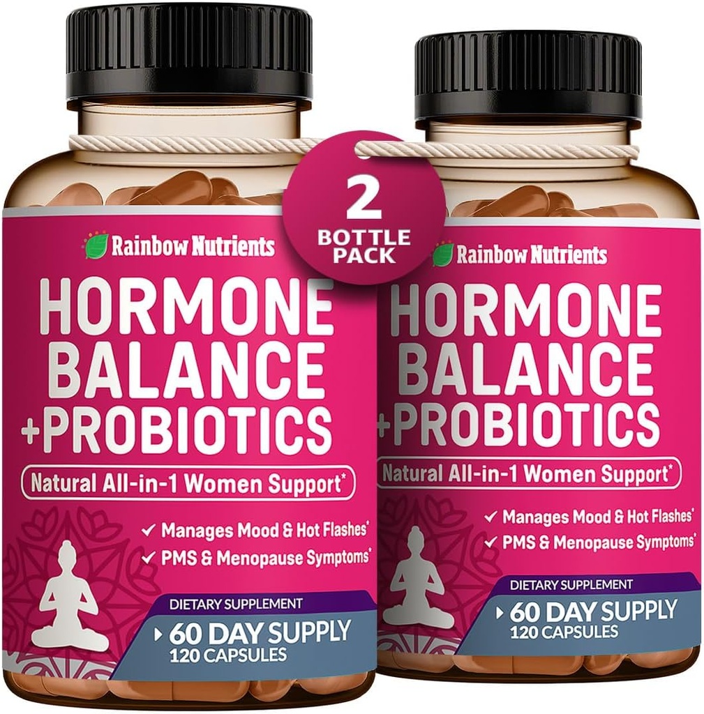 (2 Pack) Equilibrio hormonal + Probióticos para Mujeres (3450mg) Alivio natural para la menopausia, Flashes calientes, PMS, Bloating TEN 4:1 Chasteberry, Dong Quai, Black Cohosh ANTE NO GMO