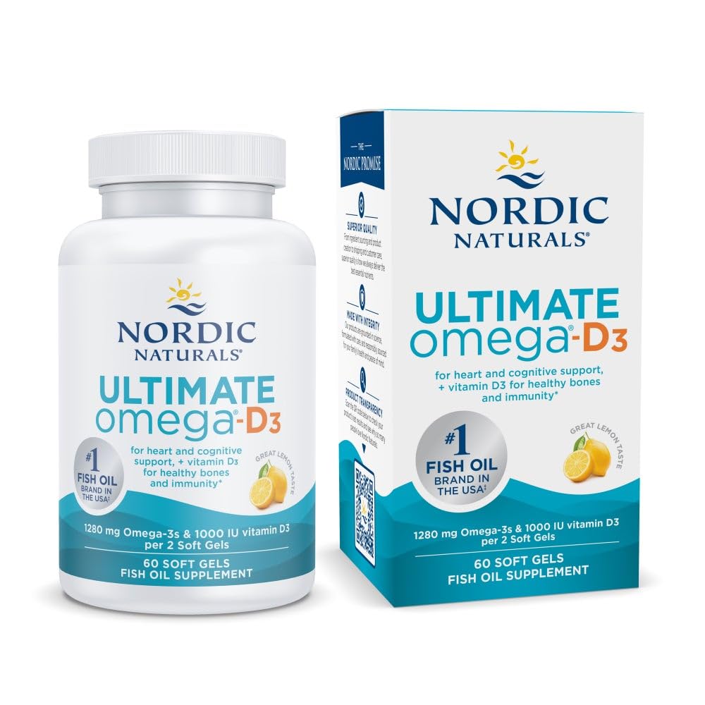 Nordic Naturals Ultimate Omega-D3, Lemon Flavor - 60 Soft Gels - 1280 mg Omega-3 + 1000 IU Vitamin D3 - EPA & DHA - Promotes Brain, Heart, & Immune Health - 30 Servings