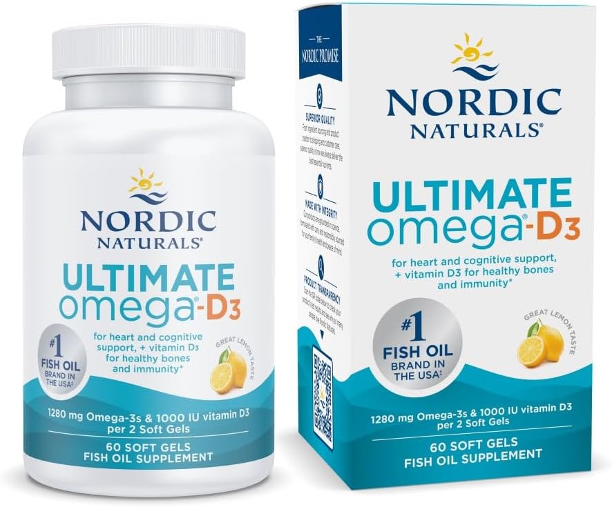 Nordic Naturals Ultimate Omega-D3, Lemon Flavor - 60 Soft Gels - 1280 mg Omega-3 + 1000 IU Vitamina D3 - EPA & DHA - Promueve Cerebro, Corazón, & Immune Health - 30 Servings