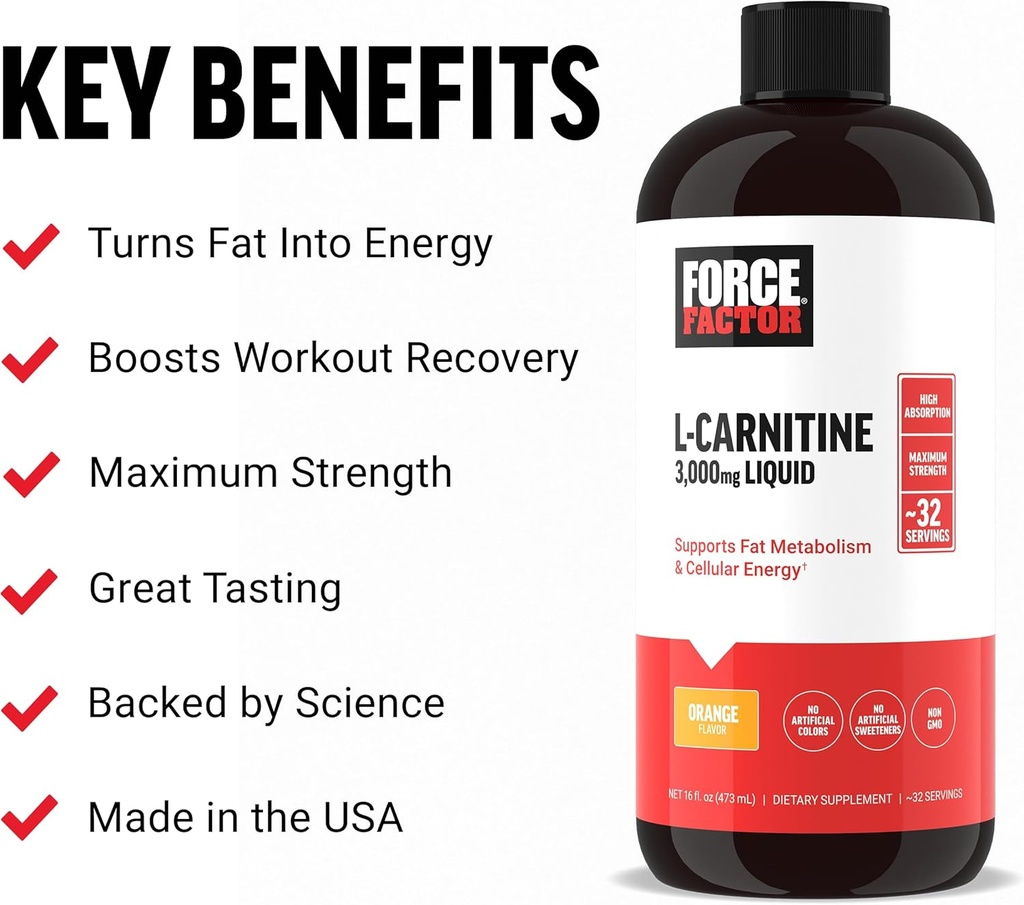 Factor de fuerza L Carnitina Suplemento, L-Carnitina líquida 3000 mg para ayudar a convertir grasa en energía, recuperación del músculo de apoyo y energía celular más alta, fuerza máxima, no GMO, sabor a naranja, 16 Oz.