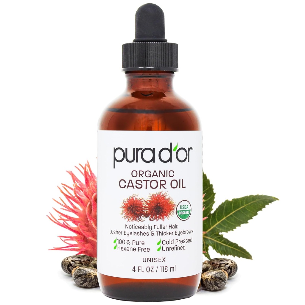 PURA D'OR 4 Oz ORGANIC Castor Oil - 100% puro USDA Certified Cold Pressed, Hexane Free Eyelash & Eyebrow Serum - Para Fuller, Thicker Lashes &amp; Brows - Skin & Hair