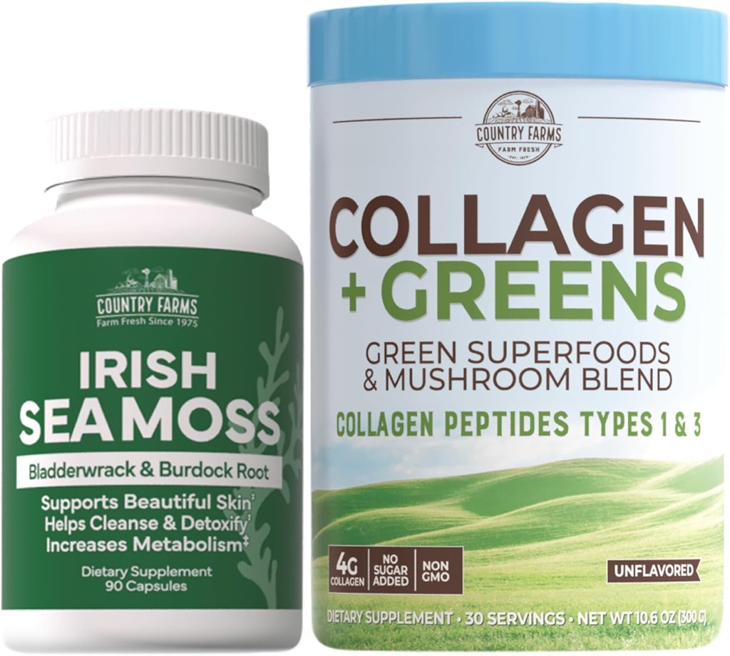 Country Farms ‘Beauty Pack Collagen + Greens Irish Sea Moss, Collagen for Skin, Hair Growth, Nails & Joints, Ultimate Beauty Support Gift, Pack of 2