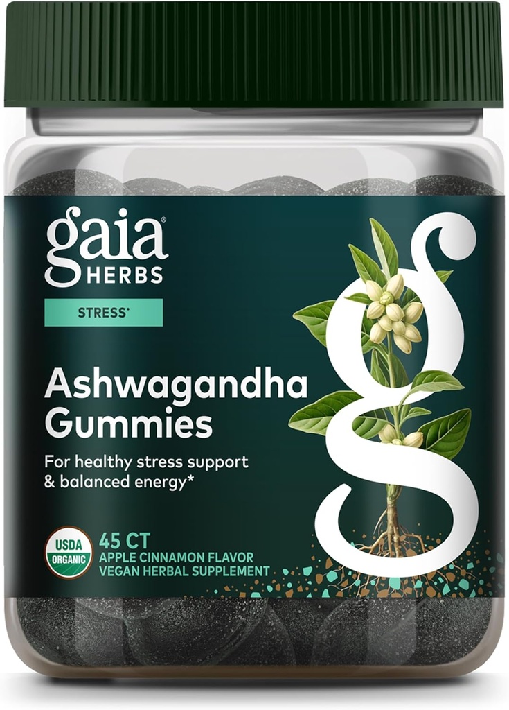 Gaia Herbs Organic Ashwagandha Gummies, Stress Support, Cinnamon, Ginger, Gluten Free, Vegan, 45 Conde