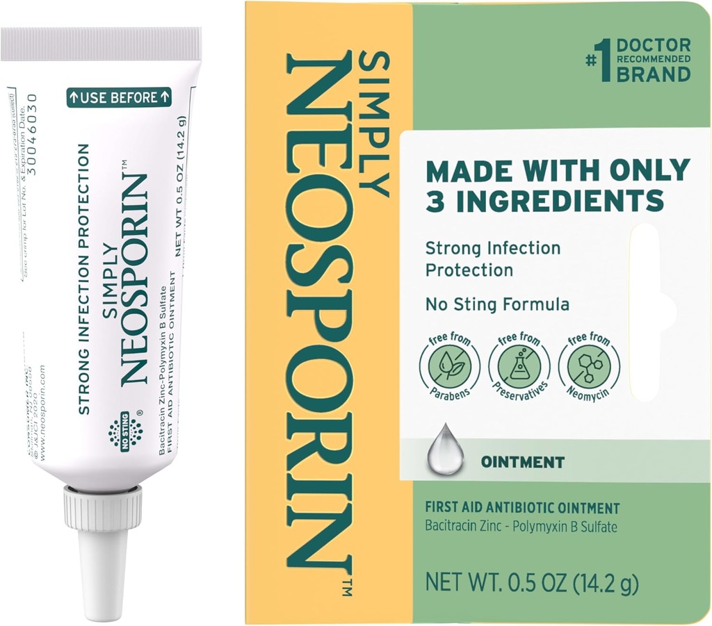 Neosporin Simplemente Fórmula 3-Ingrediente Primer Tratamiento de ungüento antibiótico y cuidado de heridas con Bacitracin Zinc y Polymyxin B Sulfato, Preservante-, Paraben- y Neomycin-Free, 0,5 oz