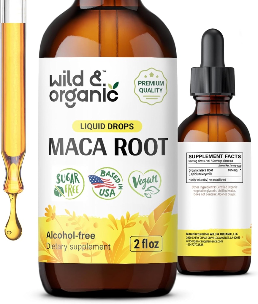 Wild &amp; Organic Maca Root Drops for Women &amp; Men - Mood, Focus, Active Lifestyle - Suplemento de Maca peruano - Vegan, Azúcar &amp; Alcohol-Free Tintura - 2 fl oz