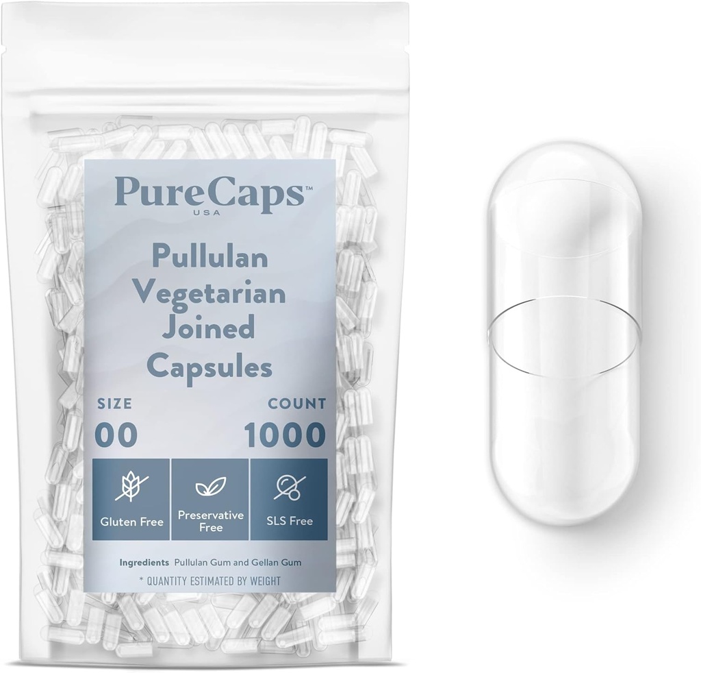PureCaps USA - Empty Vegetarian Vegan Pullulan Pill Capsules Size 00 |1,000 Joined Pills| Clear| Non-GMO Certified | SLS, Gluten, Preservative Free