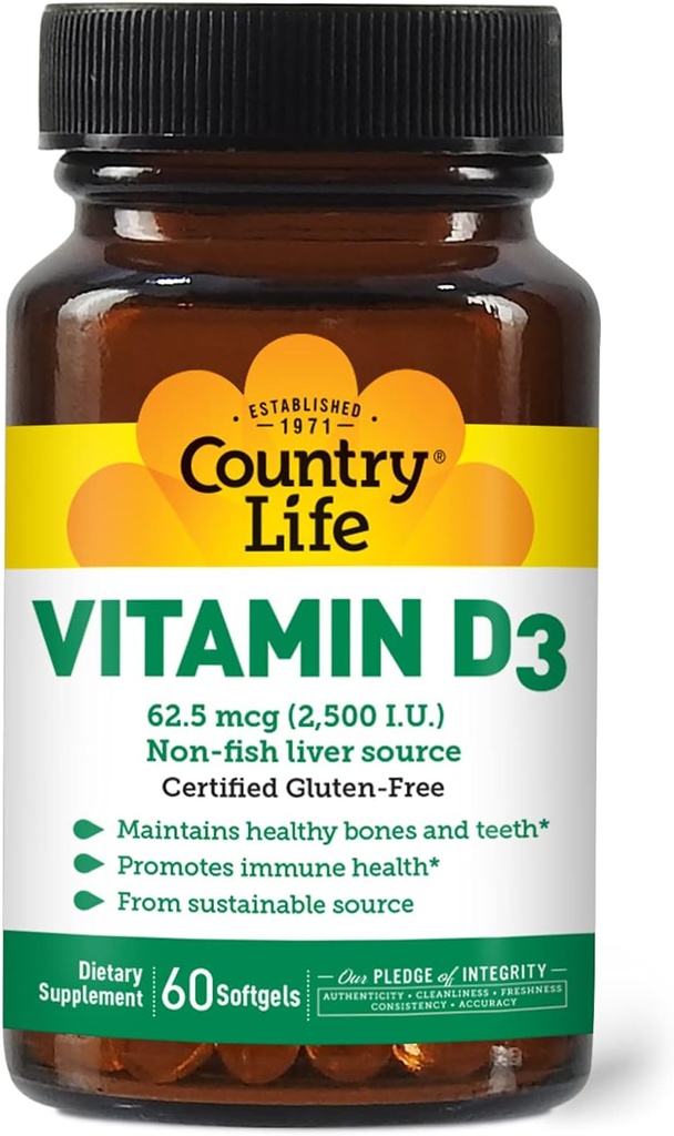 Vida País Vitamina D3 2500 UI libre de gluten, 60 Softgels