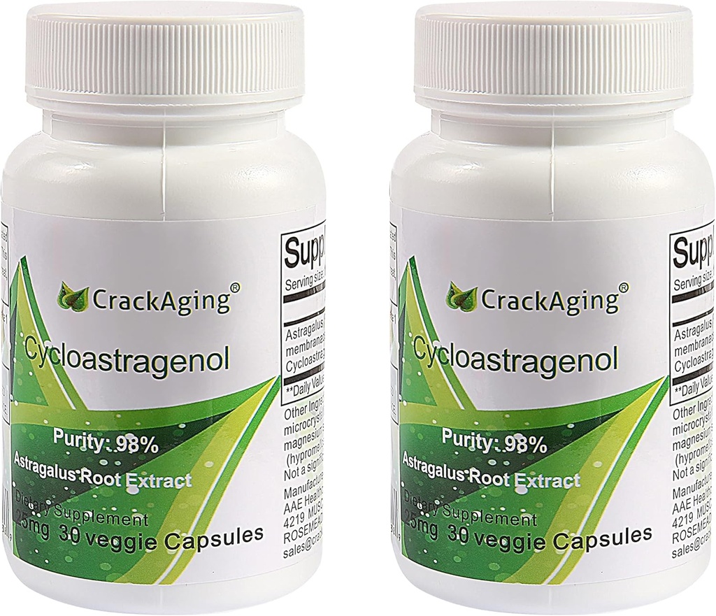 Crackaging Cycloastragenol 98% 25mg ← Activador de Telomere Suplementos Silencio Longitud de Telomere Suplementos Silencio Rejuvenecimiento de la célula 60 cápsulas en 2 botellas