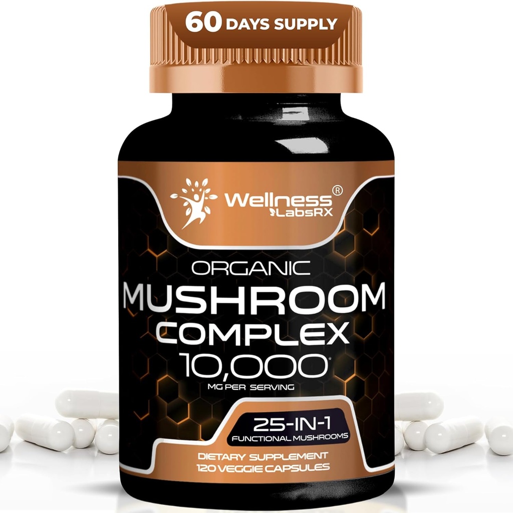 WELLNESS LABSRX Mushroom Supplement Capsules 10:1 Extract, Mushroom Complex Capsules 1000mg, Lions Mane Suplemento con Turquía Tail, Cordyceps, Reishi - 120 Conde