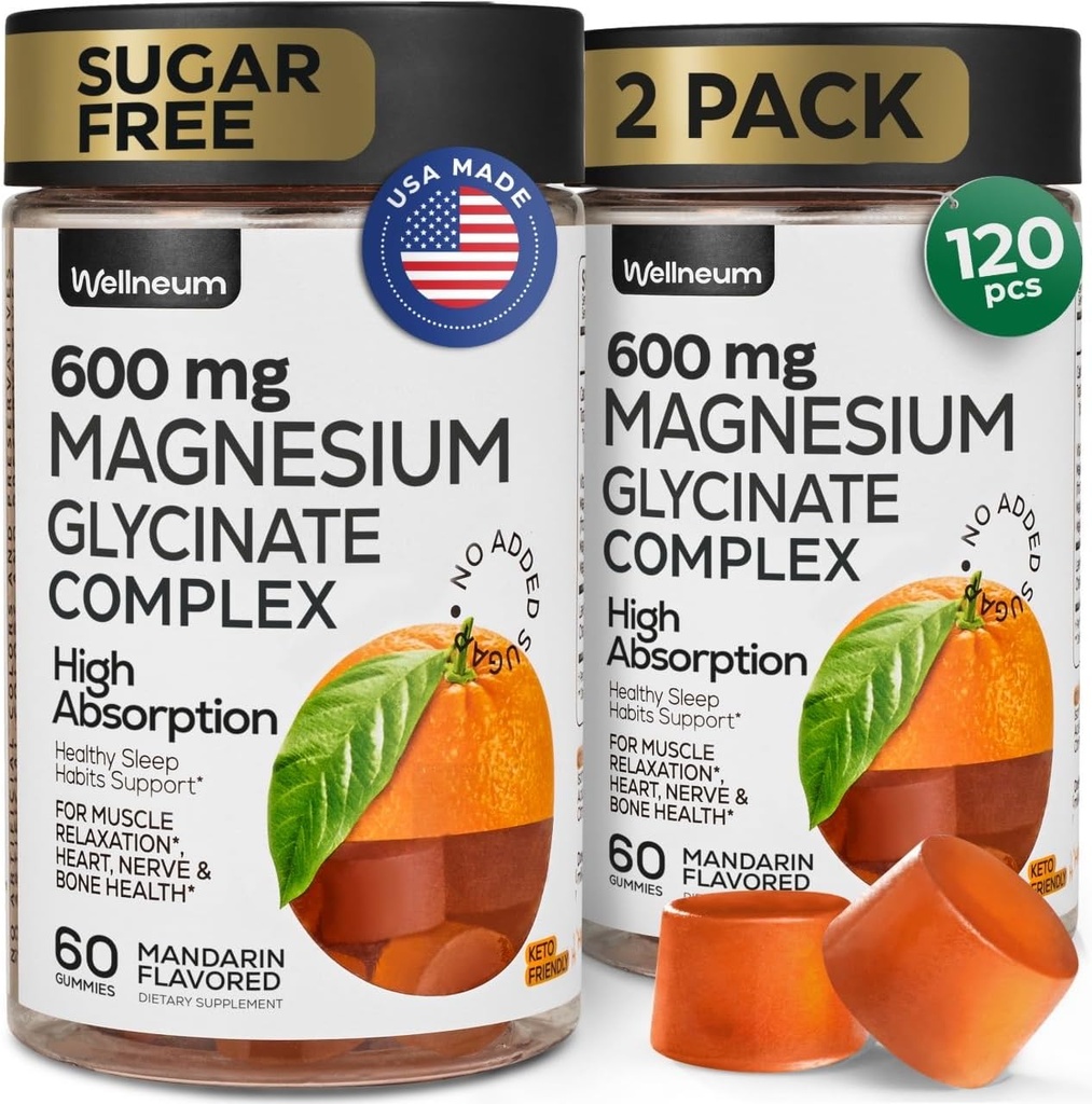 Magnesio Glycinate Gummies 600Mg 2 Pack - Alta Absorción, Complejo Triple de Magnesio Calma - Mandíbulas para Relajar y Dormir - Suplemento Gummy con Vitamina D - Vegan, Sugar Gratis, Gut Friendly