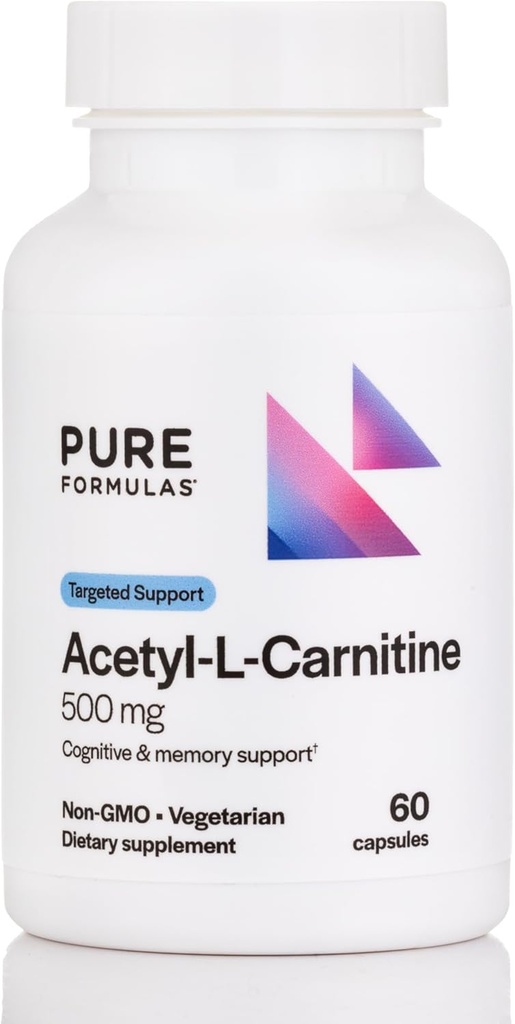 PureFormulas Acetyl L-Carnitine Cognitive & Memory Support L Carnitine Supplement for Brain, Focus, " Calmness Alcar, 500mg Dairy Free Non-GMO 60 Capsules