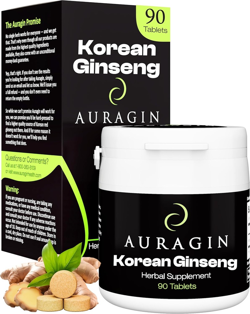 Auragin® Authentic Korean Red Ginseng – Made in Korea – 6 Year Roots – No Additives or Other Ingredients – 100% Red Panax Ginseng in Every Tablet