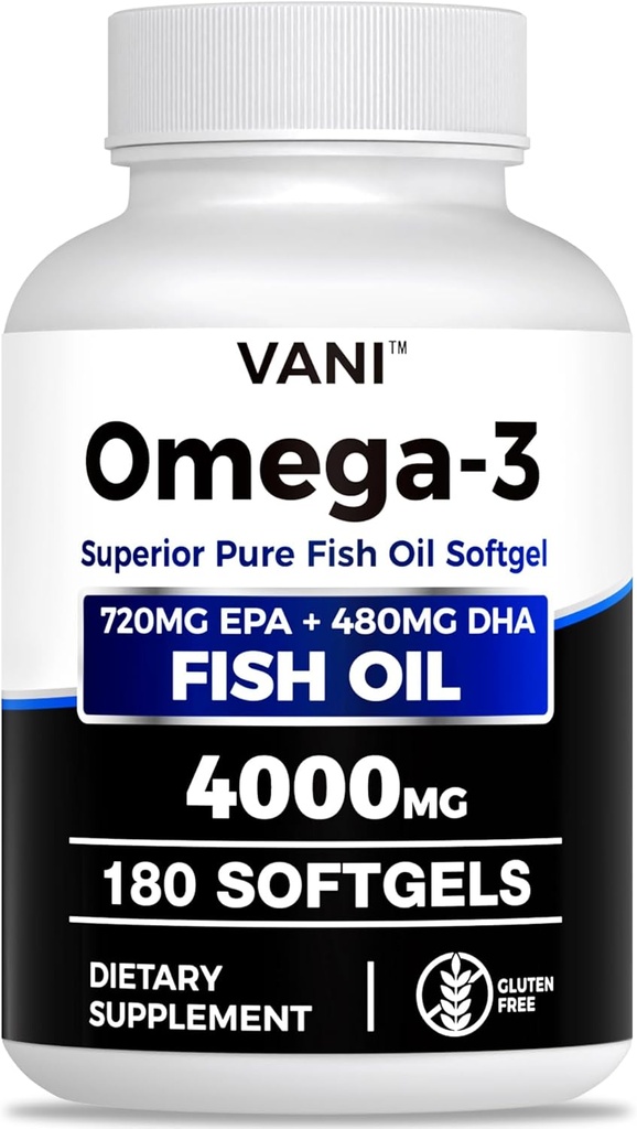 Petróleo de pescado Omega 3 (4000mg), 180 Softgels,Omega 3 Suplementos de ácido graso con EPA &amp; DHA para la salud cerebral*