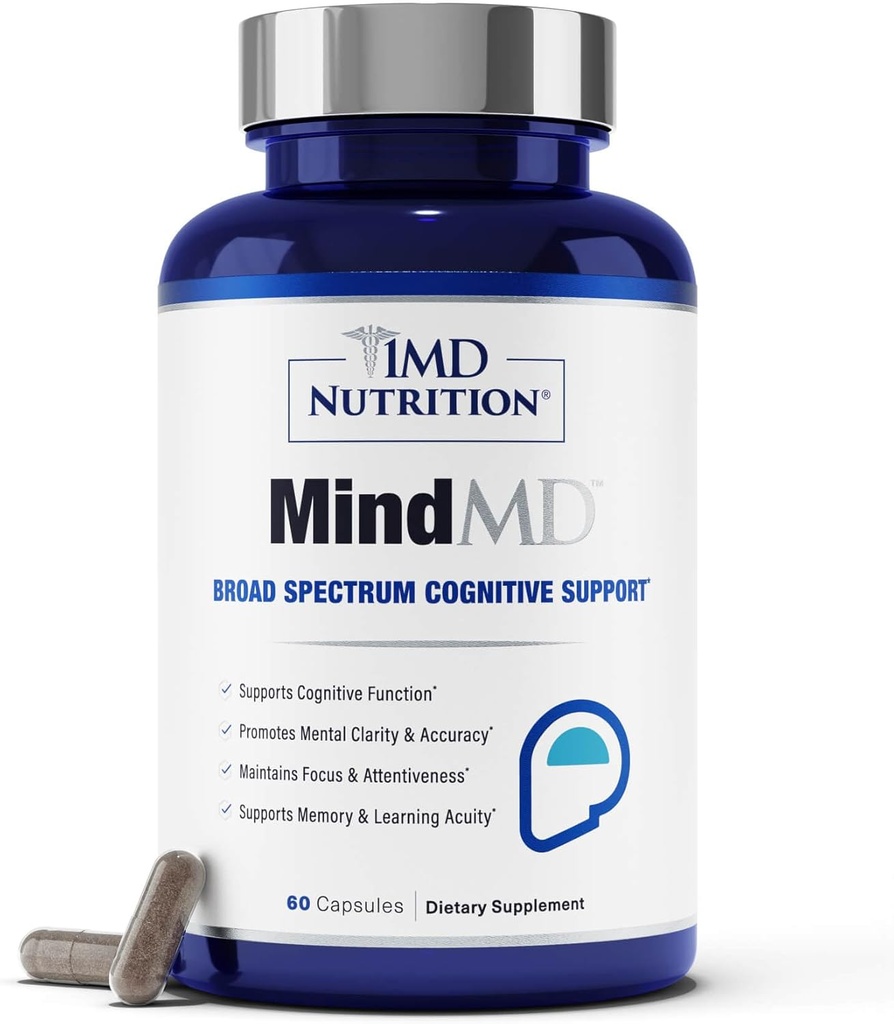 1MD Nutrición MindMD - Suplemento cerebral para la memoria y el foco - Bacopa Monnieri para soporte cerebral nootrópico - Suplemento de salud cerebral para adultos - con vitamina B6 &amp; Green Tea Extract - 60 caps