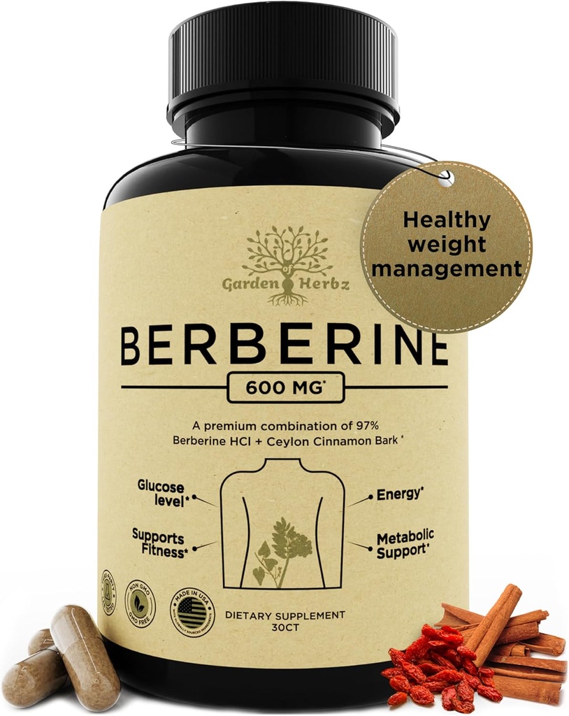 Suplemento de la bereberina de 600 Mg – Berberine HCL " Ceylon Cinnamon Capsules for Women " Men - Supports Healthy Weight Management " Digestion