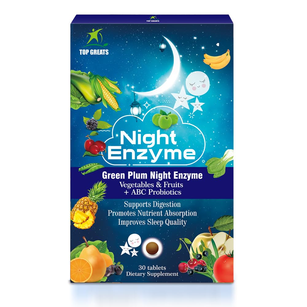 Enzima nocturna, Enzimas digestivos diarios, Frutas de Plum verde y verduras con probióticos, Bloating de alivio, mejor calidad del sueño, para hombres y mujeres, promover la salud digestiva- 60 tabletas
