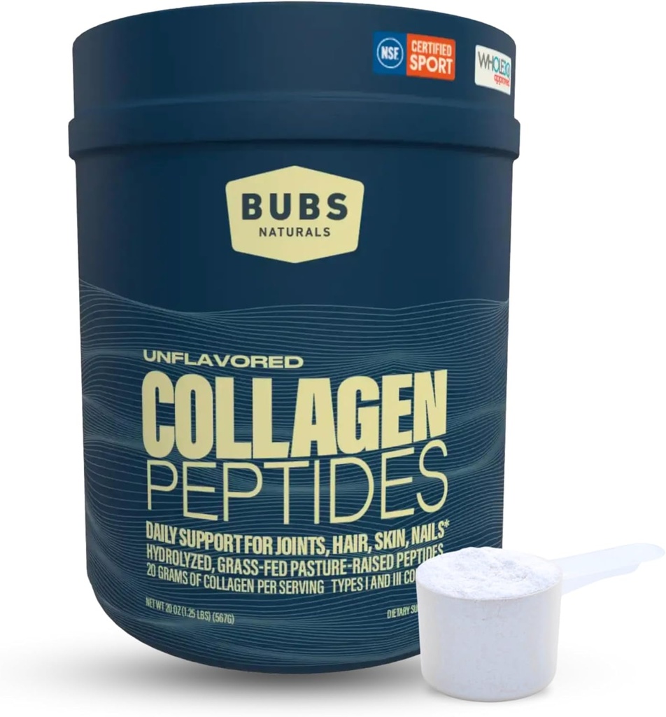 BUBS Naturals Collagen Peptides Powder, Collagen for Women &amp; Men, Hidrolyzed Peptides, Unflavored Pasture Raised Grass Fed, Paleo Keto Friendly, Supports Hair Skin & Joint Health (20 oz) 28 Servings