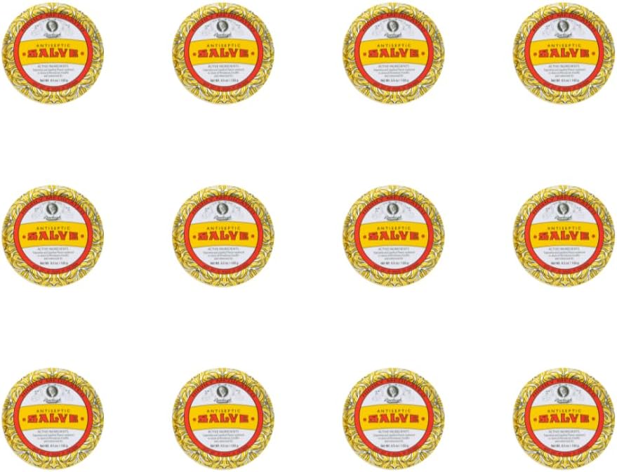 Rawleigh Antiseptic Salve Iconic Yellow Big Tin: 4.5 oz, Multi-Purpose Ointment Soothes Cuts, Bruises, Irritations, with Turpentine, Phenol, Cottonseed Oil &amp; Paraffin, Original Formula - Pack of 12