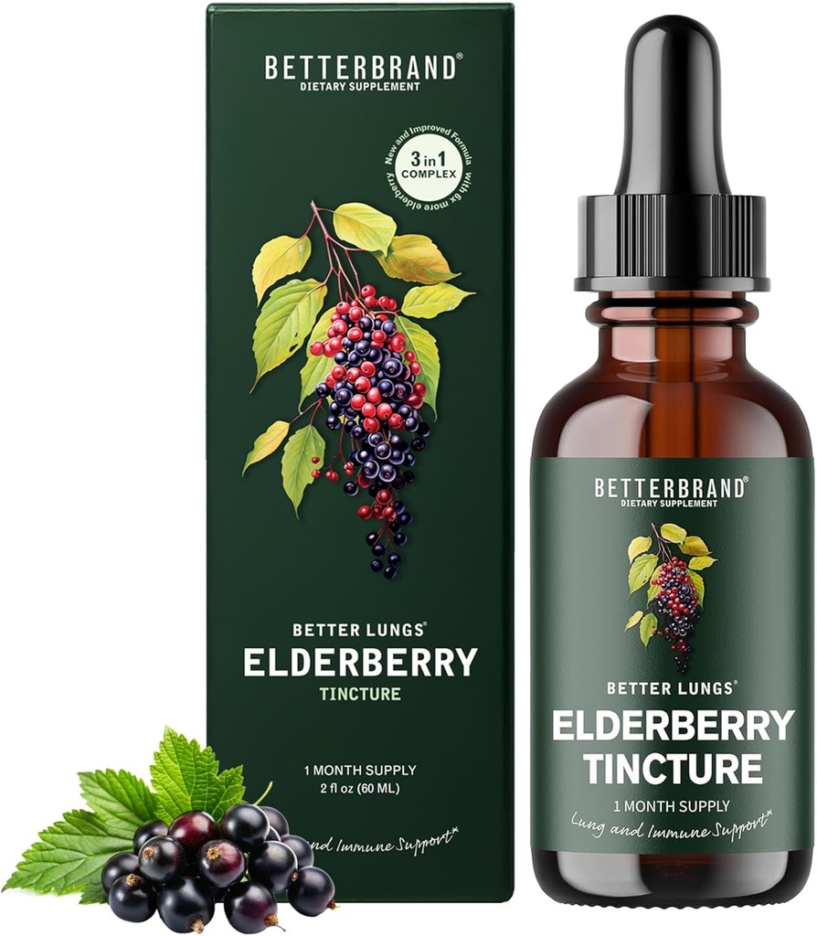 Betterbrand BetterLungs Elderberry Tincture Suplemento dietético - All Natural Sugar-Free Vegetarian for Winter Immune Support (30 Day)