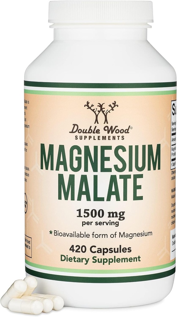 Magnesium Malate Capsules (420 Conde) - 1.500mg Por Serving (Magnesium Bonded to Malic Acid), Third Party Tested, Vegan Friendly, Gluten Free by Double Wood Supplements