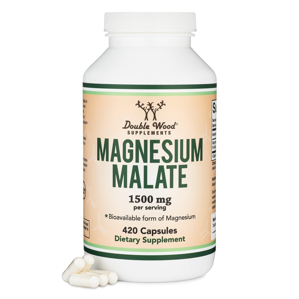 Magnesium Malate Capsules (420 Conde) - 1.500mg Por Serving (Magnesium Bonded to Malic Acid), Third Party Tested, Vegan Friendly, Gluten Free by Double Wood Supplements
