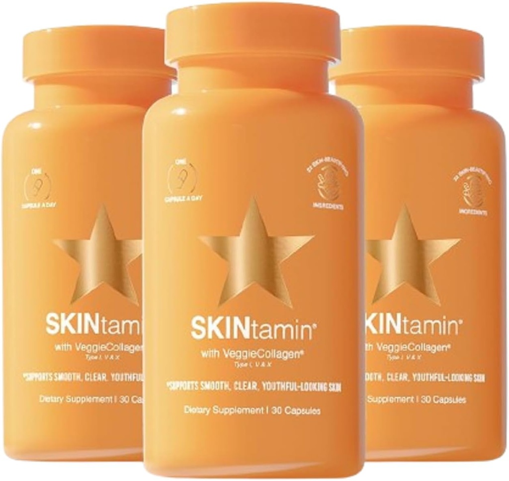 SKINtamin Vegetarian Collagen Pills ← Mejores suplementos de colagen para las mujeres para apoyar la firmeza de la piel y las arrugas ← Skin Suplemento Formulado para ayudar a reducir los bilis (30 Cuenta (Pack of 3))