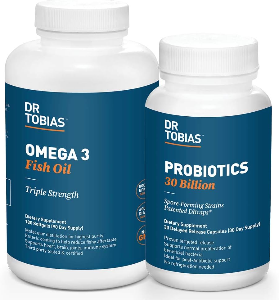 Dr. Tobias Probióticos 30 Billones y Omega 3 Pez Aceite (2000 mg) para Apoyo Digestivo " Salud general