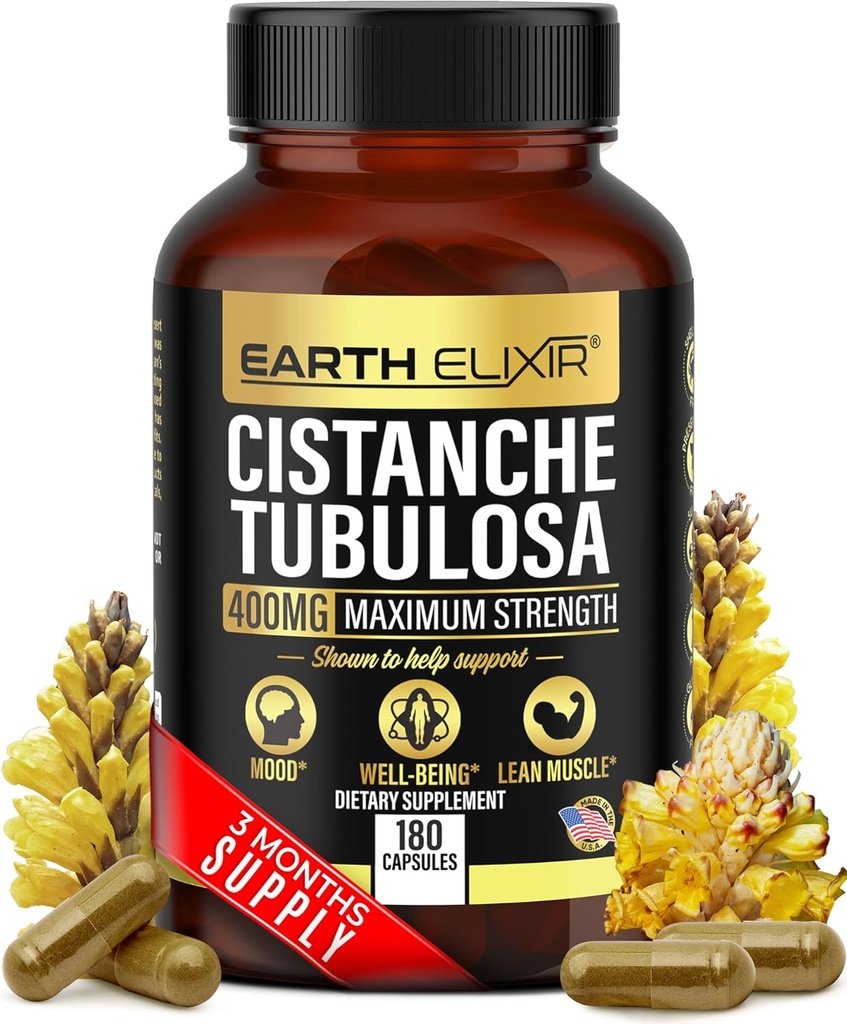 Tierra Elixir Cistanche Tubulosa 400 mg (180 cápsulas) 3 meses de suministro – Hecho en EE.UU. - 3er partido probado - Suplemento Cistanche - Zero Fillers - Max Purity - Nootropics - 100% puro Cistanche Herb