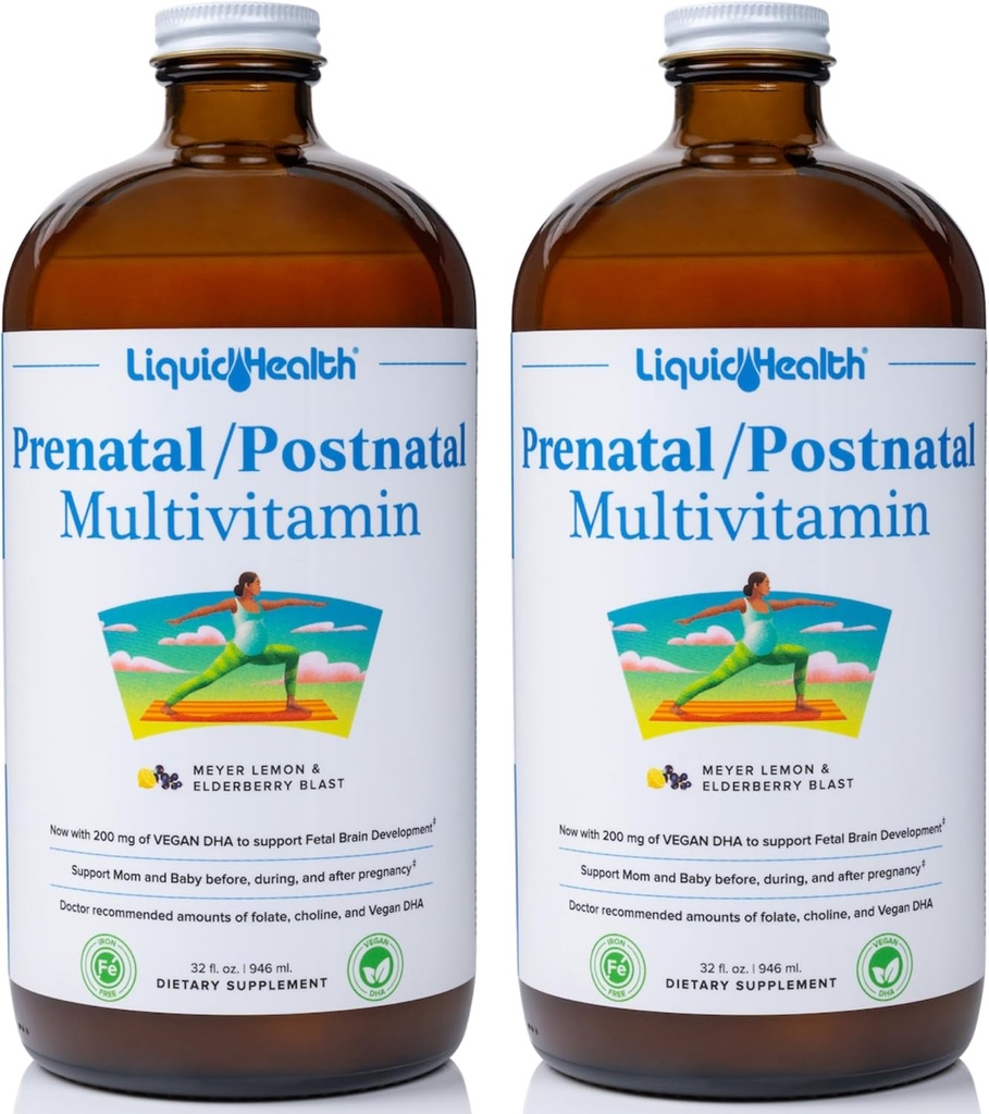 LIQUIDHEALTH Prenatal/Postnatal Multiple Liquid Women's Multivitamin with Real Folate - Pre &amp; Postnatal Vitamins for Before, During, After Pregnancy - Made in USA, Vegan, Sugar-Free, Non-GMO (2 Pack)