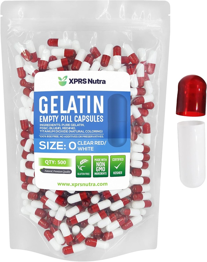XPRS Nutra Size 0 Empty Capsules - 500 Count Empty Gelatin Capsules - DIY Capsule Filling - Pure Bovine Pill Gel Caps for Do-It-youself Supplements (Clear Red/White)