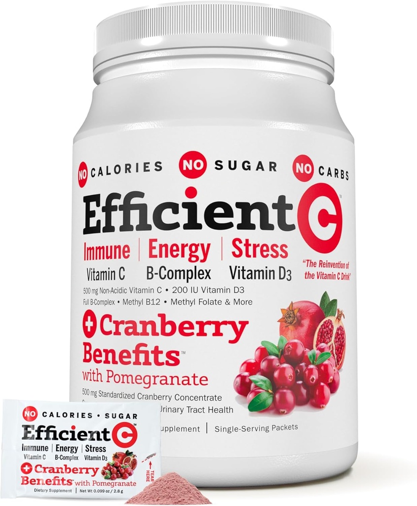 ANDREW LESSMAN Efficient C + Beneficios de arándano 30 Packets - Immune, Energy, Stress and Urinary Tract Support. Invención de la bebida de vitamina C. Sin calorías. No Sugar. Sin carbohidratos. Fácil de mezclar.