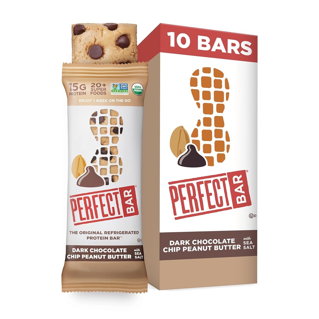Bar perfecto, Chocolate oscuro Chip Peanut Butter Protein Bar, Alta Proteína, Orgánica, Sin gluten, Soy Gratis, Sin GMO, Sin Alcoholes de Azúcar, 2.3 Ounce Bar, 10 Condes