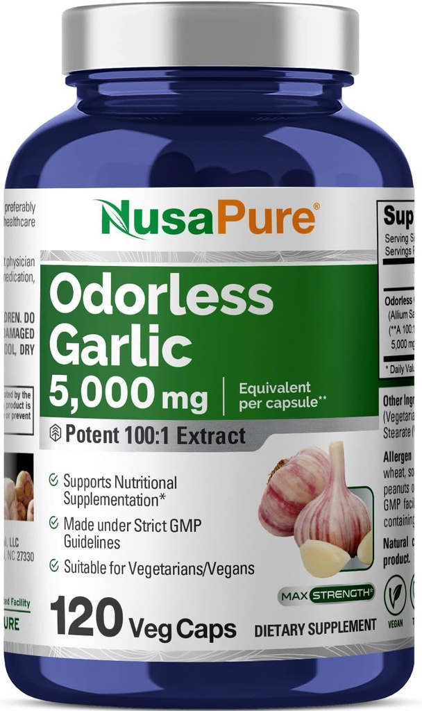 NusaPure Ajo sin olor 100:1 Extracto, 50 mg Equivalente a 5000mg Cápsula Silencio 120 Cápsulas Veggie peru High Potency ← Herbal Suplemento 