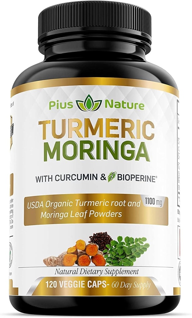 Turmeric Moringa - Suplementos de Curcumina Turmérica Orgánica y Polvo de Moringa Orgánica - 120 cápsulas vegetales Suplemento para Mujeres y Hombres