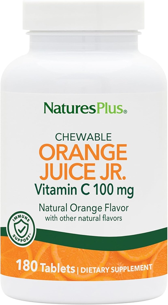 NaturesPlus Orange Juice Jr. - 180 Chewable Tablets - 100 mg Vitamina C - Immune System Support - Gentle on The Stomach - Vegan, Gluten Free - 180 Servings