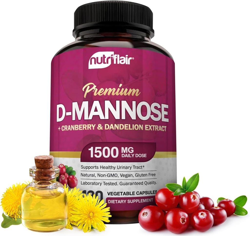 NutriFlair D-Mannose 1200mg, 120 cápsulas - con extracto de arándano y de Dandelión - Natural UTI Asistencia para la salud del tracto urinario - Best D Mannose Powder - Flush Impurities, Detox Body, para Mujeres y Hombres