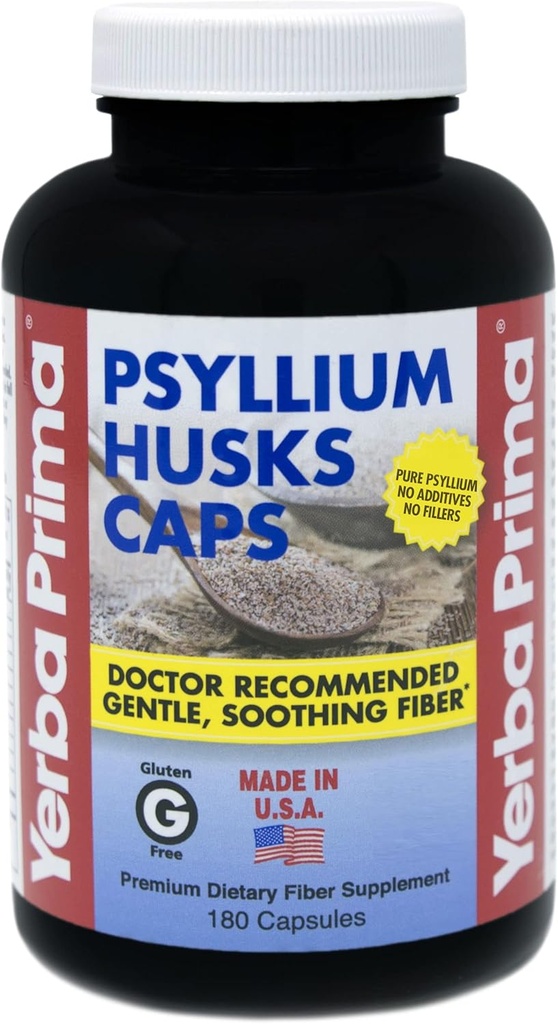 Yerba Prima Psyllium Husks Caps Dietary Fiber 625 mg, 180 cápsulas - Suplemento de limpieza de colon - Gut Health - Gluten no GMO gratis